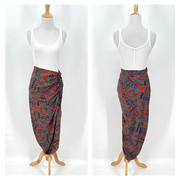 VERONICA BEARD Ari Ruched Midi Skirt Womens 10 Red Paisley Floral Print Slip - Picture 4 of 16